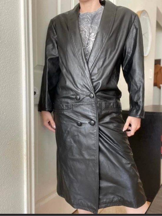 International leather collection Jackets & Blazers - Black Double-Breasted Leather Trench Coat Vintage Sz Petite S Intl leather